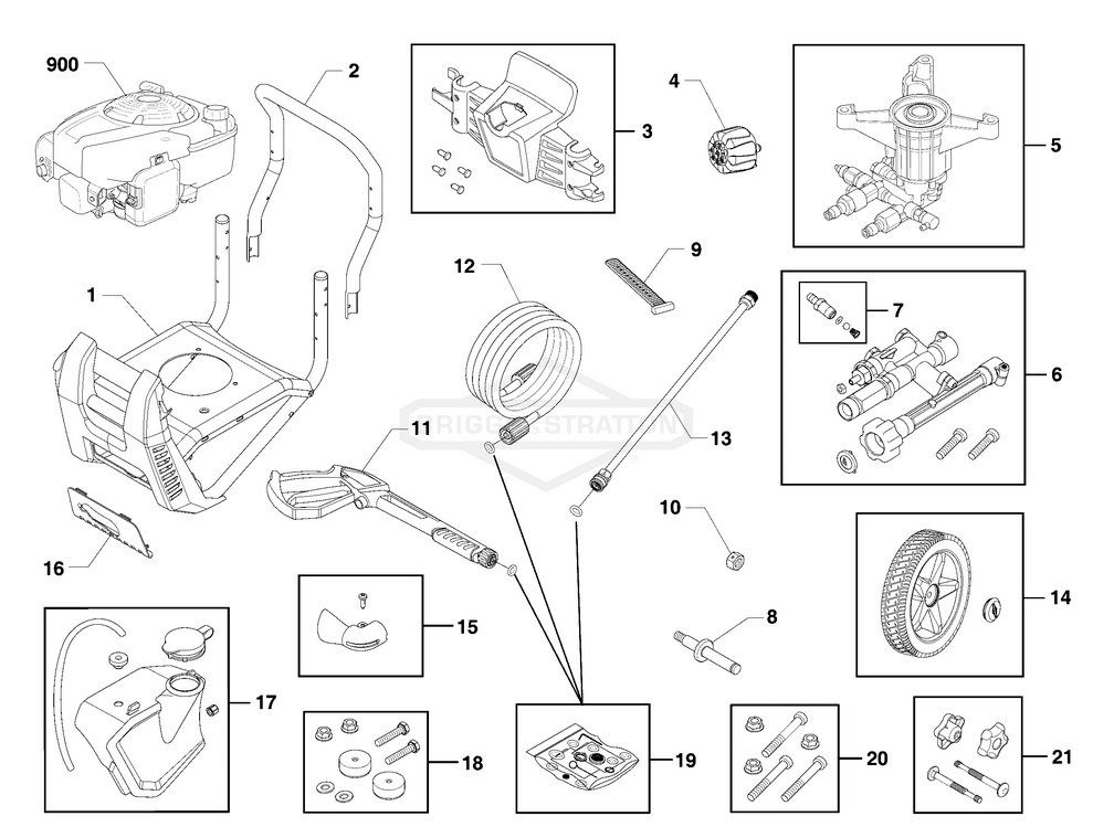 Briggs & Stratton pressure washer model 020569-01 replacement parts, pump breakdown, repair kits, owners manual and upgrade pump.